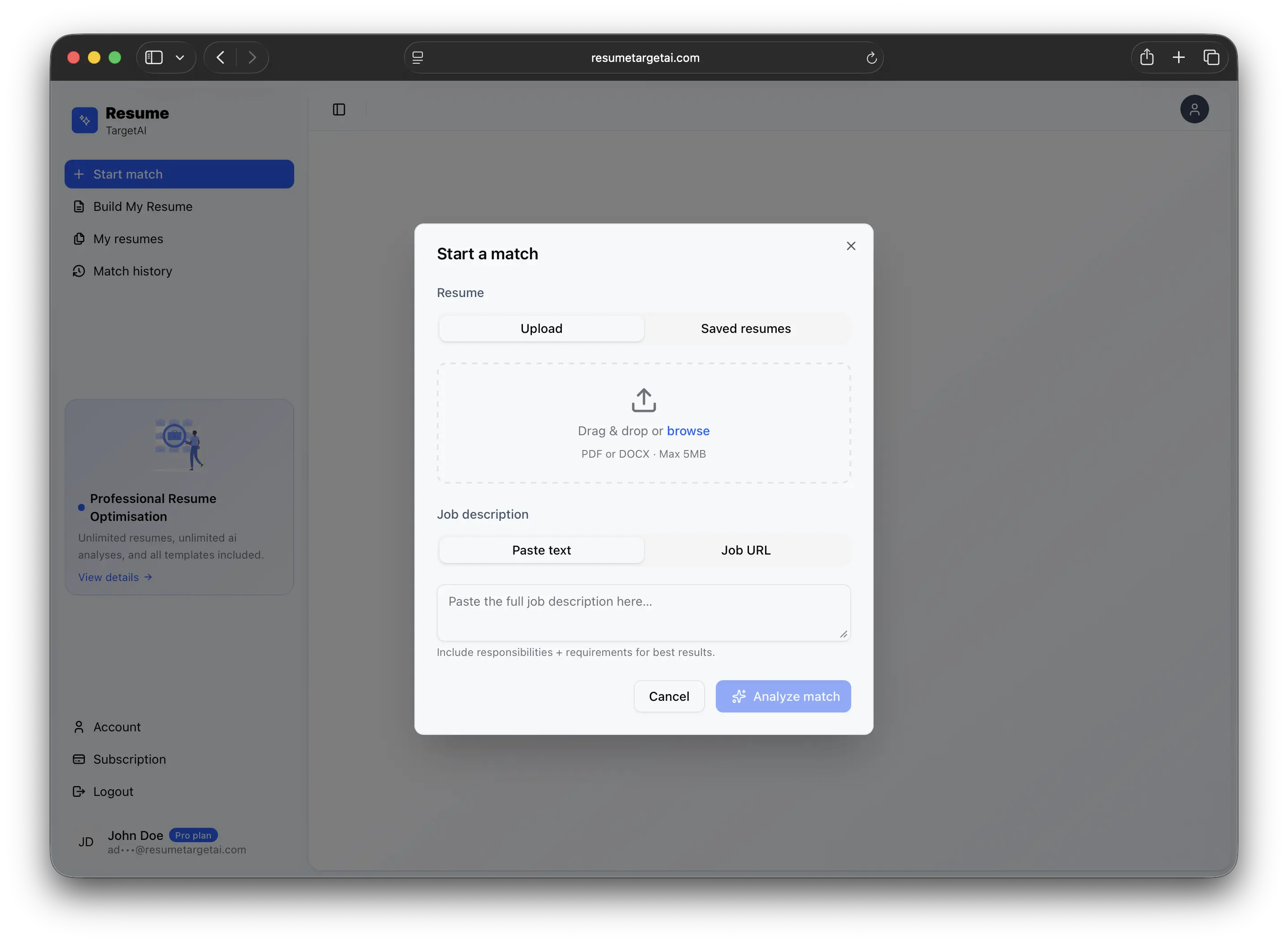 Start match — upload resume and paste job description