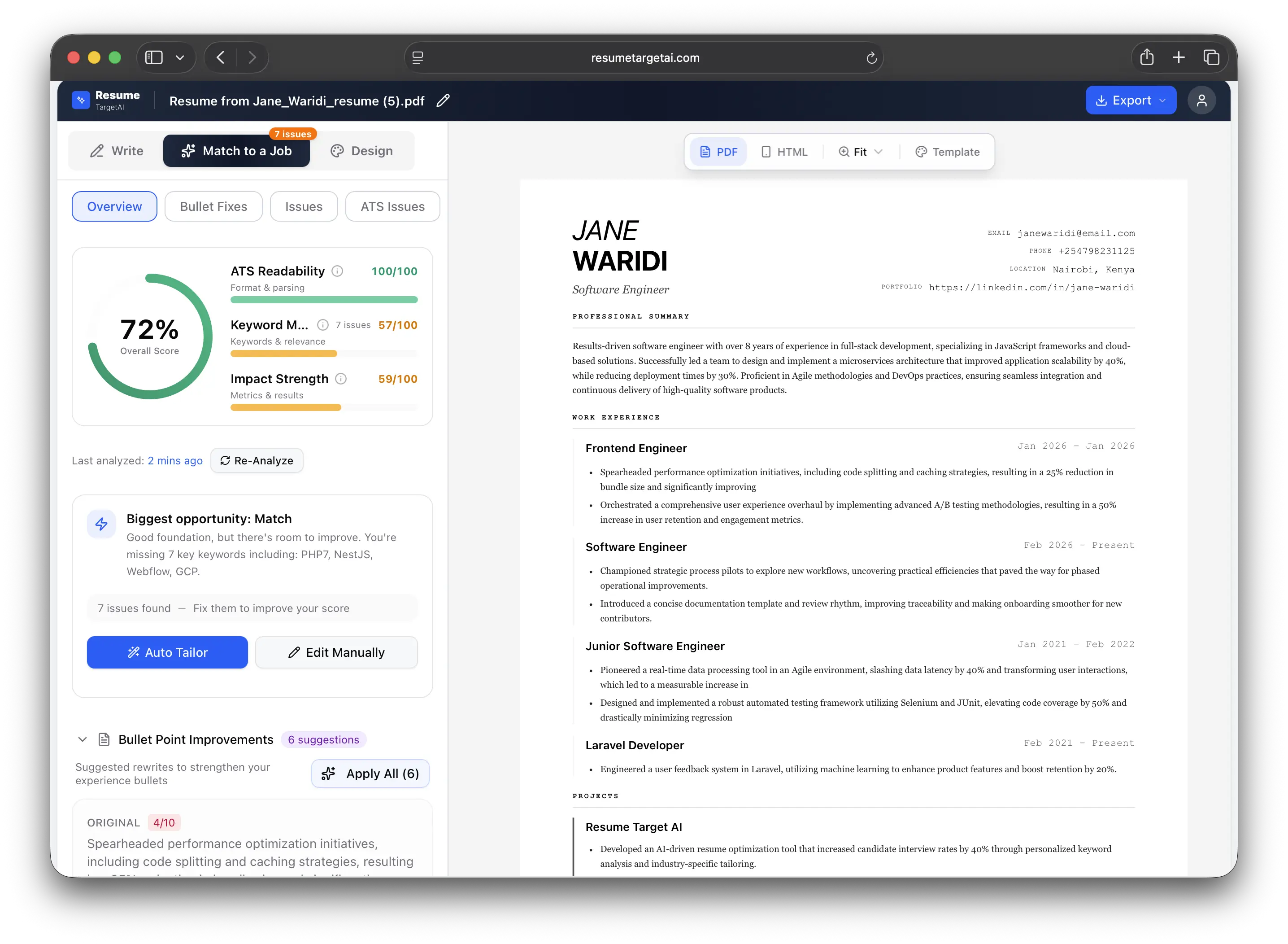 Score and match results dashboard